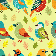 seamless pattern wild bird colorful tropical setting. Cute exotic winged birds, repeating pattern for textile, fabric, wrapping, wallpaper, kids flat modern design.