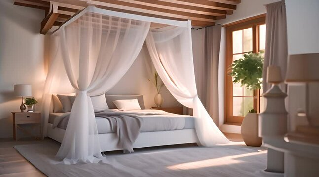 The bedroom is comfortable with a white bed and mosquito net
