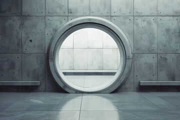 Obraz premium A circular door designed to look like a portal, set in a minimalist wall. The design suggests innovation and the possibility of alternate realities 