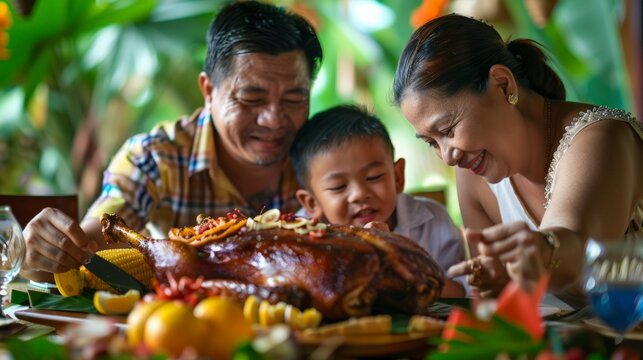 A Filipino family celebrating a child's birthday with a traditional lechon feast, emphasizing the importance of family and tradition in Filipino culture.