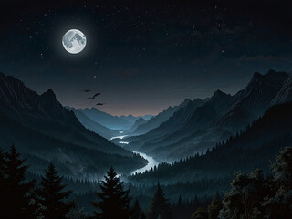 Moon in the night sky over landscape with silhouettes of trees and mountains.