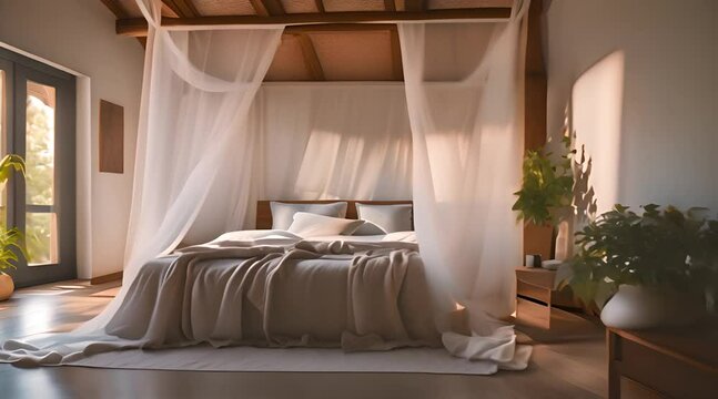 The bedroom is comfortable with a white bed and mosquito net