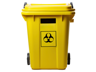 a yellow garbage can with a biohazard symbol on it