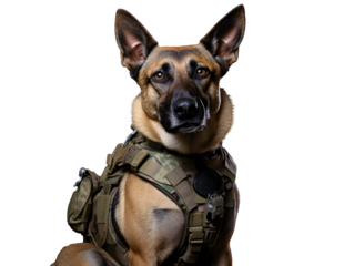 a dog wearing a military vest