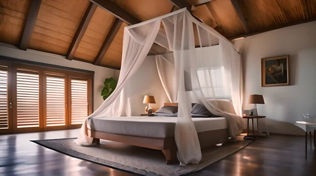 The bedroom is comfortable with a white bed and mosquito net