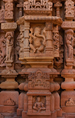 Ancient sculptures and intricate designs on the wall of Lakshmi Temple in the Khajuraho temple complex, India
