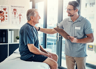 Physiotherapy, clipboard and mature man consulting chiropractor at clinic for body, assessment and examination. Physical therapy, service and client with expert for insurance, checklist or compliance