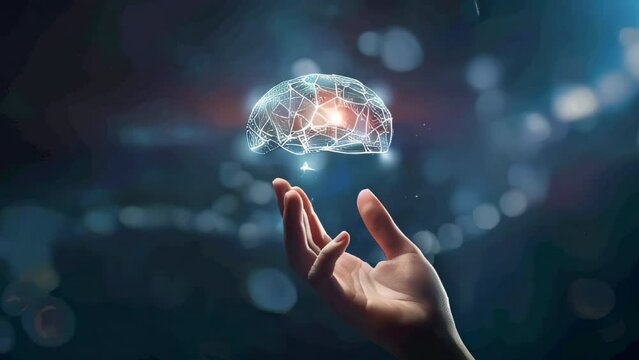 A hand holding a brain with a red light on it. Concept of intelligence and the importance of the brain
