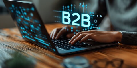 typing on a laptop with a digital icon of "B2B" floating above the keyboard, 