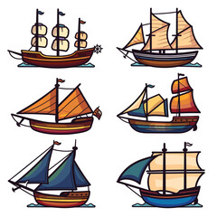 Collection colorful sailboats, featuring distinctive sails, hull design. Nautical theme, ideal childrens book illustrations educational content. Varied sail ship illustrations, perfect maritime
