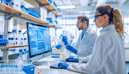 In a laboratory, a man and a woman conduct research in health care and science using a computer