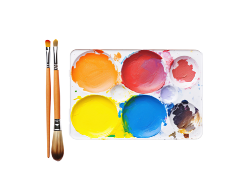 a paint tray with paint brushes