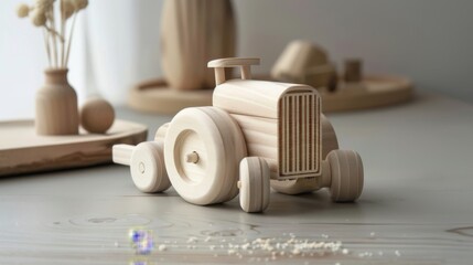 A simple flat wooden toy tractor on a light gray table, table is matte and no wood, natural light and shadow effects, and natural colors under bright lighting