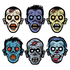 Six cartoon zombie faces various expressions, isolated white background, horror themed graphic. Zombie faces showing different emotions, vibrant colors, Halloween decoration concept. Cartoon style