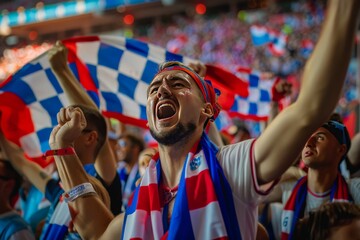 A lively sports crowd with raised hands in excitement, wearing team colors