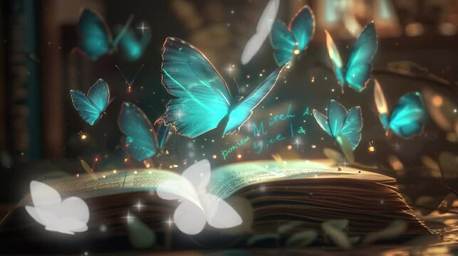 A book with the title "Mirela A" is open, glowing magical butterflies fly out of it and they have text written on their wings saying "Ponicu", in the style of fantasy, dark background