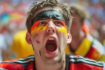 An emotional male fan with face paint yells passionately, captured in a moment of anticipation or reaction at a sports event