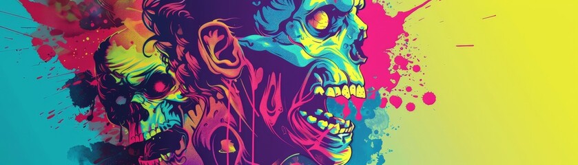 Obraz premium A vibrant digital illustration featuring two psychedelic skulls with colorful splashes on a gradient background.