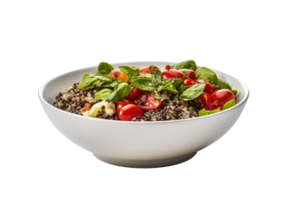 a bowl of food with tomatoes and basil