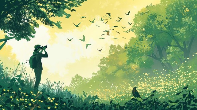 A peaceful woodland scene with a birdwatcher using binoculars