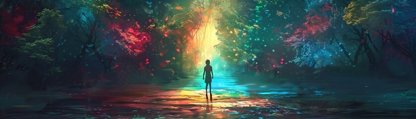 Silhouette of a Person in a Dreamlike Forest