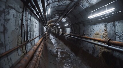 Obraz premium Underground Tunnel with Rusty Pipes and Concrete Walls