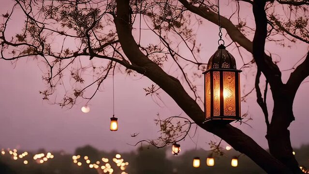 a lantern hanging from a tree at night, morrocan lamp, cinematic outdoor lighting, lush plants and lanterns, arabian night