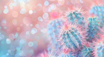 Obraz premium Beautiful pastel colored cacti with bokeh effect, soft focus, dreamy light background