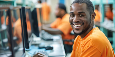 Within a bright office environment, a happy man in an orange shirt works with colleagues at a desk, surrounded by computers. The team is engaged, productive, and focused
