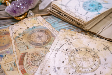 Fototapeta premium Astrology. Astrologer calculates natal chart and makes a forecast of fate Tarot cards, Fortune telling on tarot cards magic crystal, occultism, Esoteric background. Fortune telling,tarot predictions