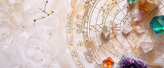Astrology. Astrologer calculates natal chart and makes a forecast of fate Tarot cards, Fortune telling on tarot cards magic crystal, occultism, Esoteric background. Fortune telling,tarot predictions