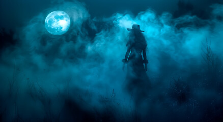 A silhouette of a person in a cowboy hat and coat stands in a misty field under a full moon , banner picture