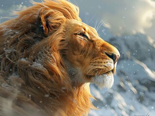 Naklejka premium A majestic lion with a flowing mane stands against a snowy mountain backdrop, gazing into the distance. The light glistens off his fur, creating a powerful and awe-inspiring image.