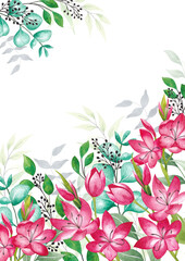Card with pink flowers with space for an inscription. Watercolor illustration.