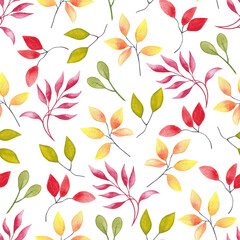 Seamless pattern of bright multi-colored leaves on a white background. Watercolor illustration.