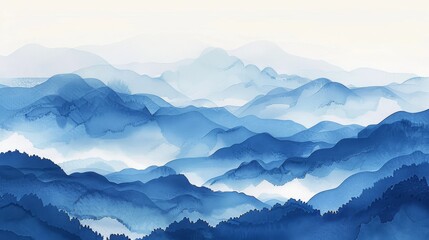 Fototapeta premium Serene Landscape with Rolling Blue Hills and Misty Mountains Inspired by Japanese Art