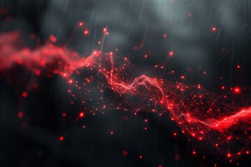 Abstract Red Threads Interact and Form Shapes in Dark Digital Space