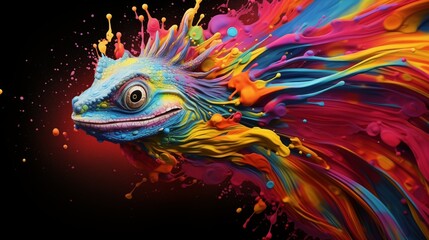 Abstract illustration of a colorful lizard in a color explosion on a black background