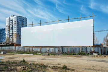 Obraz premium large banner on the fence, construction site surroundings, photorealistic 