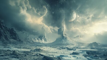 A dramatic, fantasy landscape with a towering peak and a swirling sky.  The scene evokes a sense of mystery and wonder.