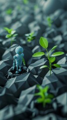 Minimalist design, dark grey background looking like a 3D printed origami in the centre in a depression in the background a cute blue and white robot also 3D printed, His name is Nim Gambun and he is 