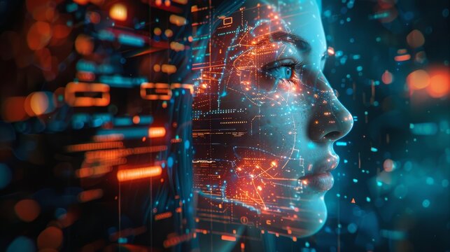 A futuristic portrait of a woman, her face composed of glowing digital circuitry.  Abstract, technology, and AI concept.