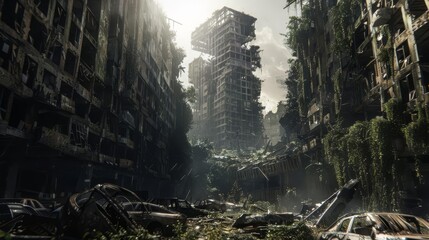 A post-apocalyptic cityscape with overgrown buildings and abandoned cars. The sun shines through the dilapidated structures, casting long shadows.