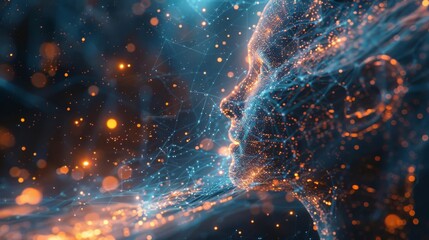 Abstract digital art of a face dissolving into a cosmic landscape. Glowing particles and swirling colors create a mesmerizing effect.