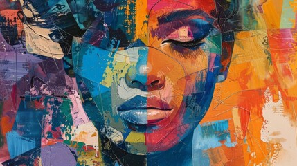 Fototapeta premium Abstract portrait of a woman with colorful brushstrokes. Her eyes are closed, creating a sense of peace and tranquility. The bold colors convey energy and vibrancy.