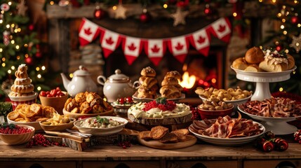 Christmas table with a variety of traditional Canadian dishes such as pudding, bacon, poutine, flags