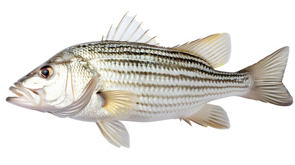 Fototapeta premium Fresh white striped bass fish isolated on white background, White striped bass fish isolated on white with clipping path.