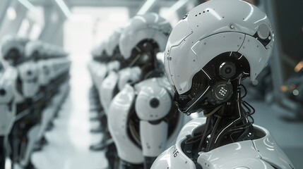 Fototapeta premium The robot's face should have sophisticated, lifelike features with visible sensors and cameras