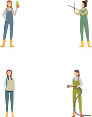 Set of four women illustrated in different professional roles, isolated on white background