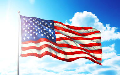 Obraz premium American flag waving proudly against backdrop of clear blue sky dotted with fluffy white clouds. Concept of American patriotism, national pride, and freedom associated with the United States